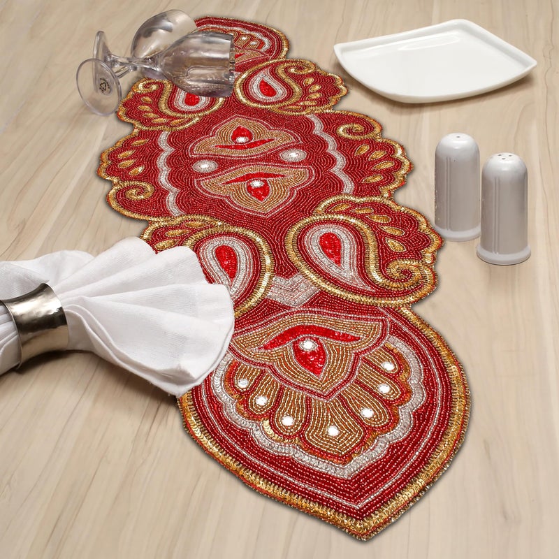 Light & Pro Lightnpro Christmas Beaded Table Runner 13x36 Inch - Maroon Gold Paisley Design - Handmade Elegant Perfect Table Mat for Holiday DÃ©cor, Weddings, Thanksgiving, Family Gatherings, New Year Celebration - Image 3